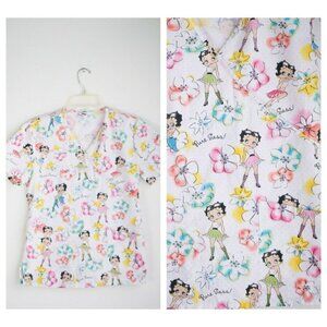 Betty Boop " Pure Sass" Cartoon Colourful Scrub Top w Pockets  cotton XS